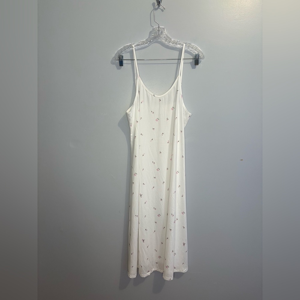 Floral Midi Dress Women’s XL White Pink Spaghetti Strap Sleeveless Nighty Comfy